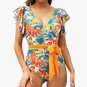 235 NWT Binlowis V Neck Ruffle One Piece Swimsuit NO BELT - Size: Medium